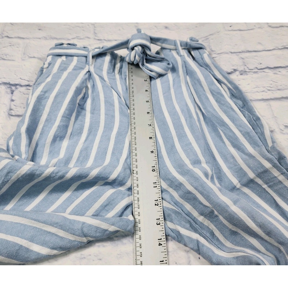 Loft WOMENS SIZE S Paperbag Taper Pants Blue White Stripe Linen Blend Belted - Picture 5 of 10